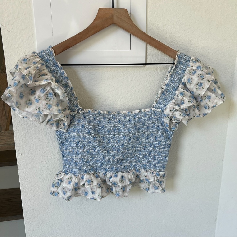 NWT LOVESHACKFANCY Wrennly Top in Powder Blue and White - Picture 4 of 7